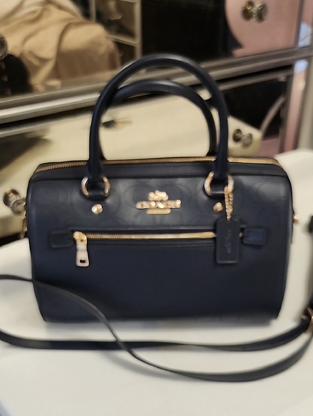 Coach Navy Leather Dome Satchel with Gold Hardware